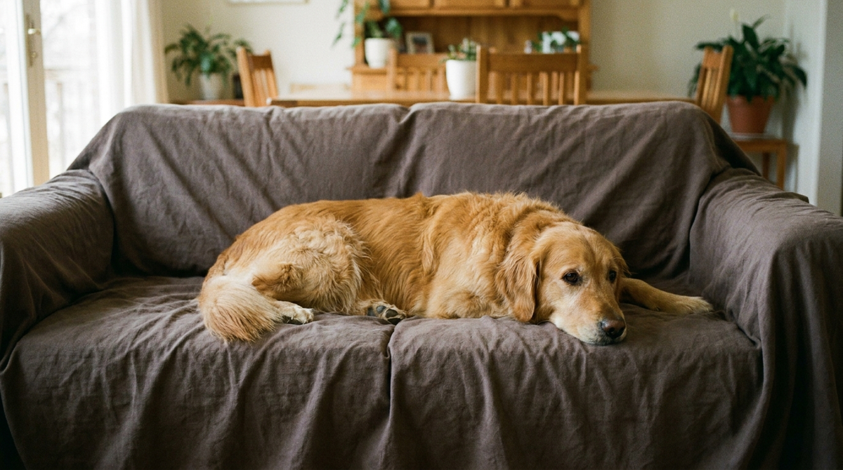 Chien allongé sur un canapé protégé par un grand plaid taupe couvrant toute l'assise Image
