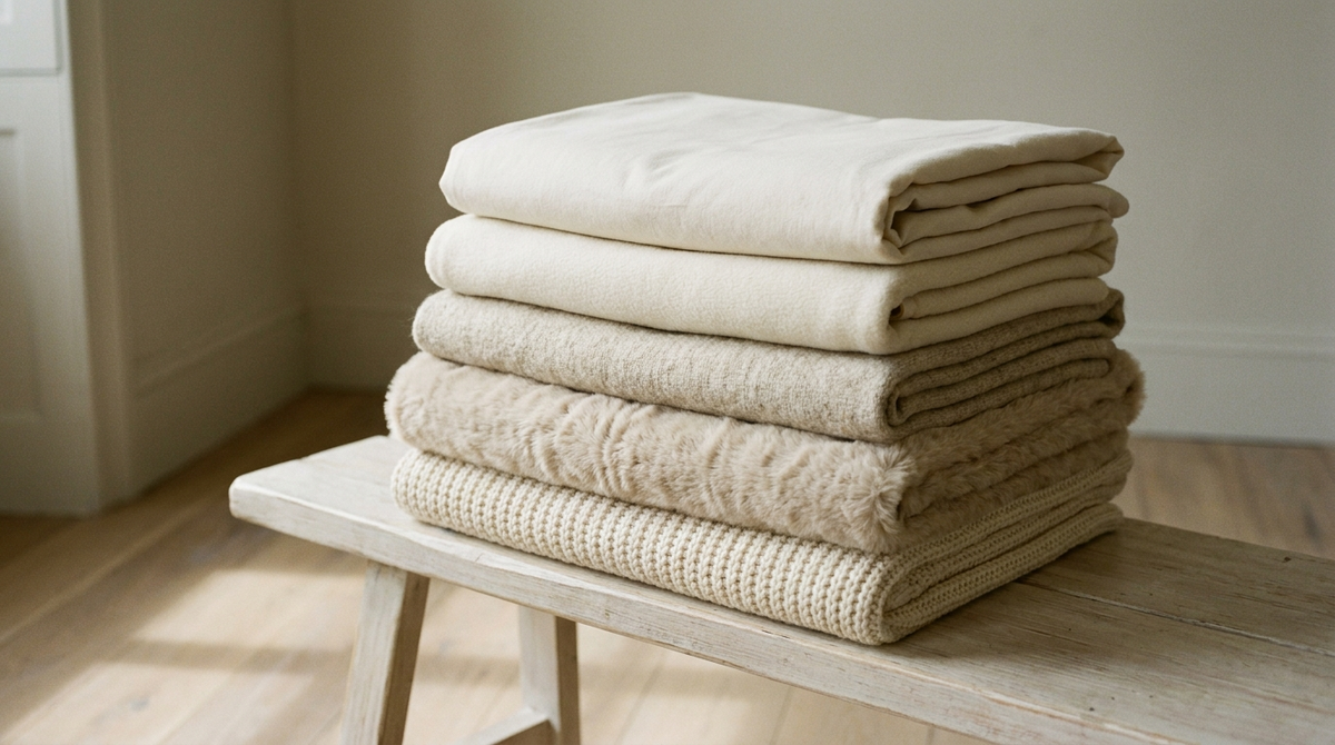 Cinq plaids pliés et empilés, chacun dans une matière différente : coton, polaire, laine, fausse fourrure, grosse maille