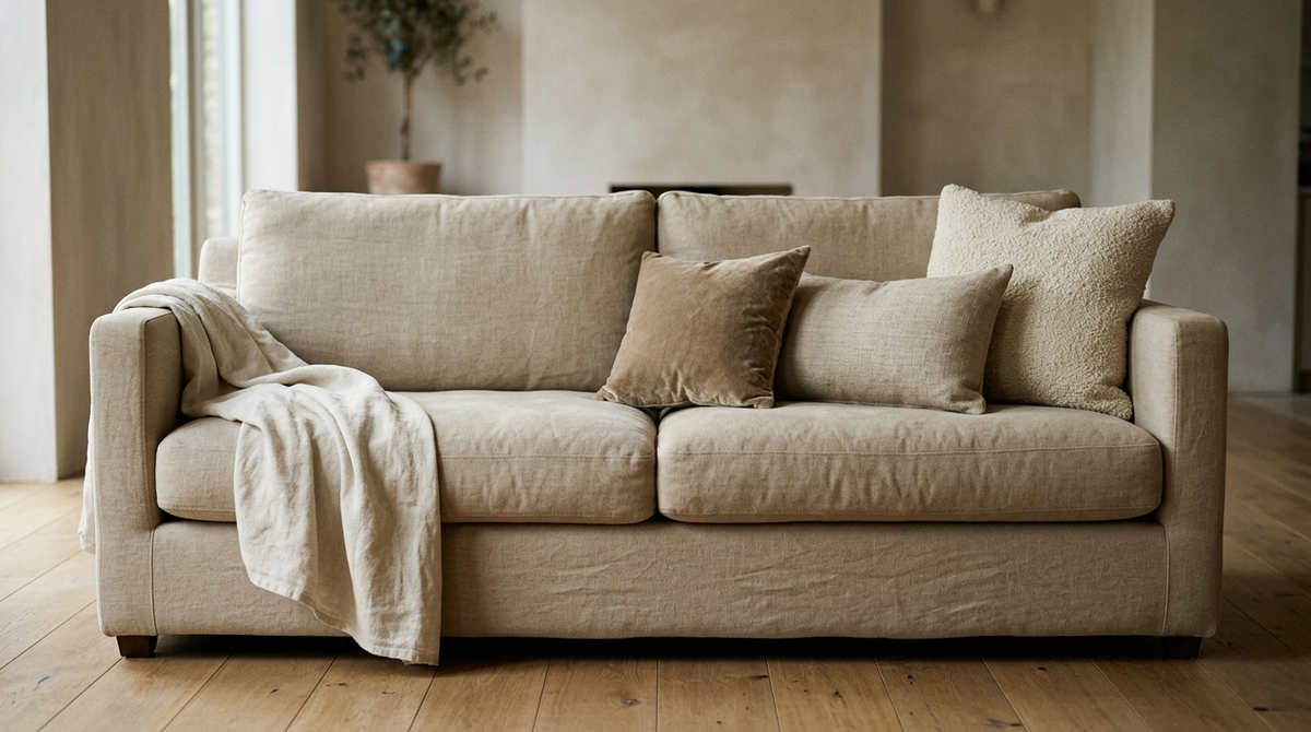 Canapé gris clair avec un plaid en lin écru et trois coussins de textures différentes dans la même teinte