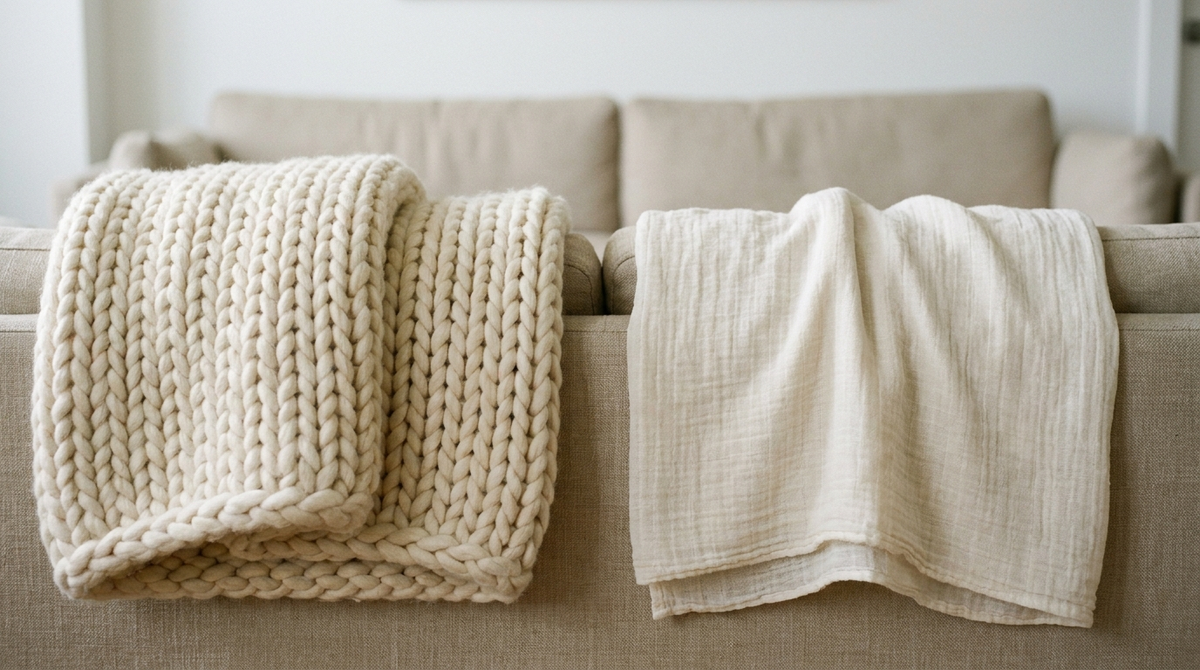 Deux plaids côte à côte sur un canapé : une grosse maille épaisse et un coton fin
