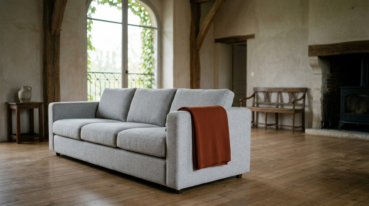 Canapé en tissu gris clair avec un plaid terracotta drapé sur un côté