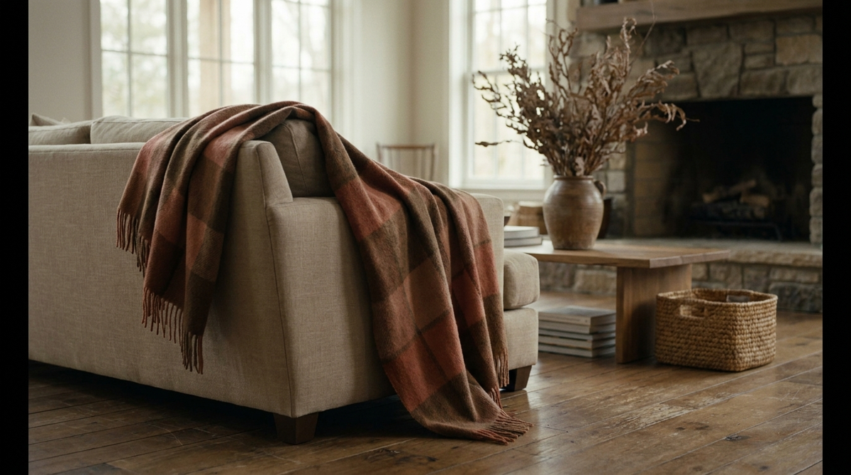 Plaid à carreaux terracotta et brun drapé sur un canapé neutre, lumière dorée de fin d'après-midi Image