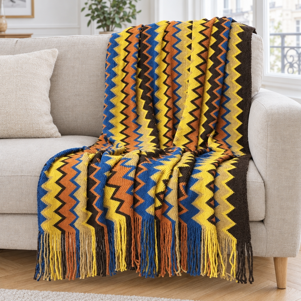 Plaid de canapé tricoté à zigzags jaune, bleu, orange et brun à franges posé sur un canapé en lin beige