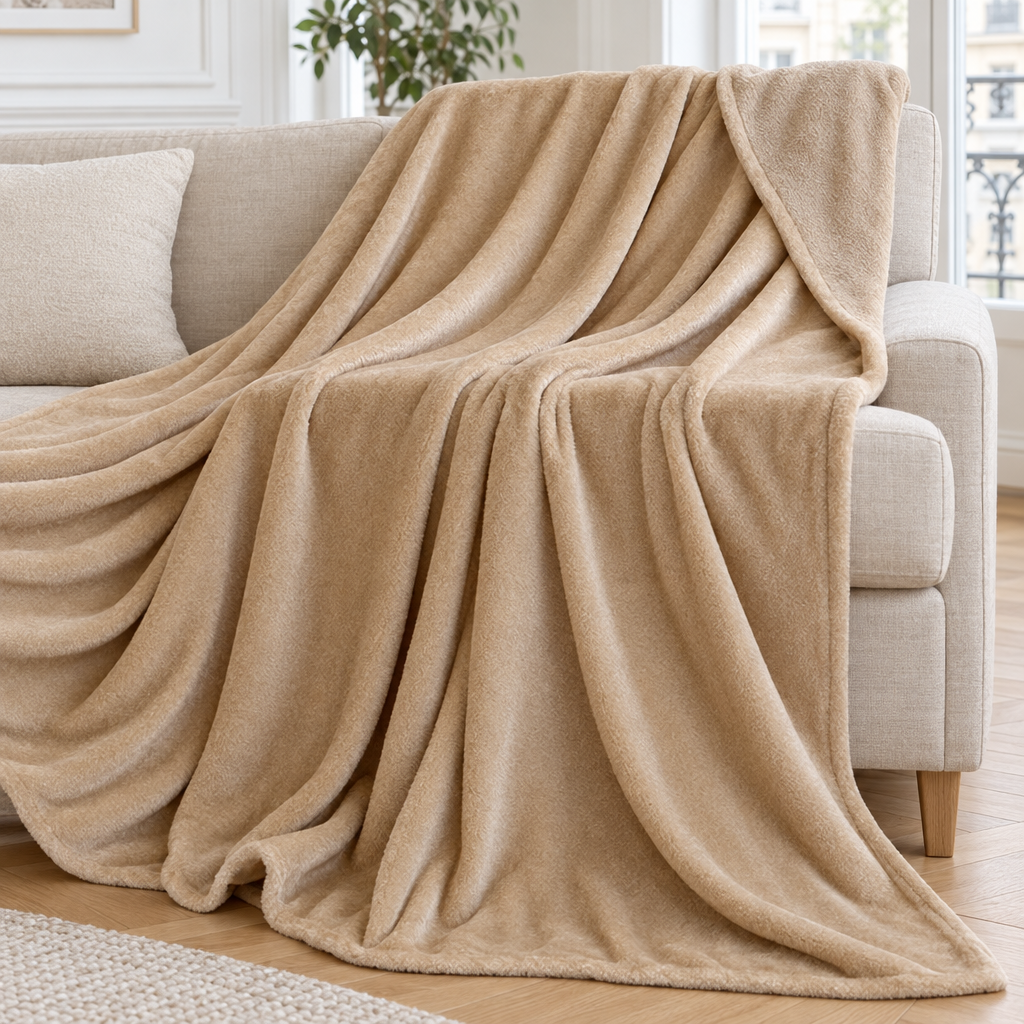 Plaid de canapé en velours beige sable posé sur un canapé en lin clair
