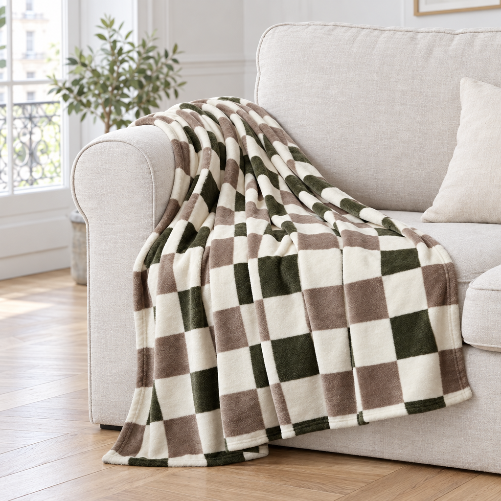 Plaid de canapé en flanelle à damier vert olive, taupe et crème posé sur un canapé en lin beige