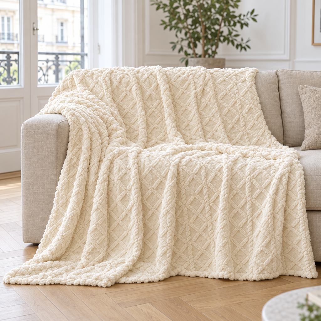 Plaid de canapé en taffetas crème à relief losanges posé sur un canapé en lin beige