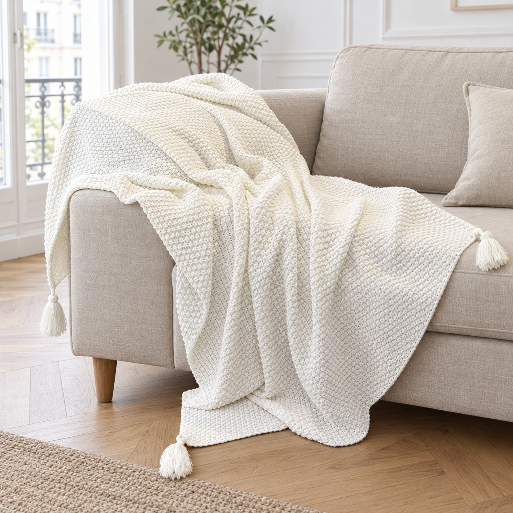 Plaid de canapé en maille blanc cassé à pompons posé sur un canapé en lin beige