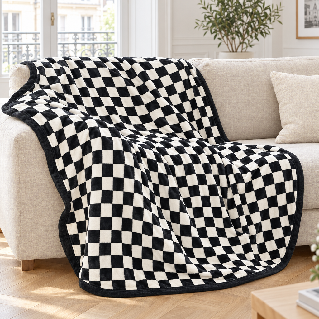 Plaid de canapé en velours à damier noir et blanc posé sur un canapé en lin beige
