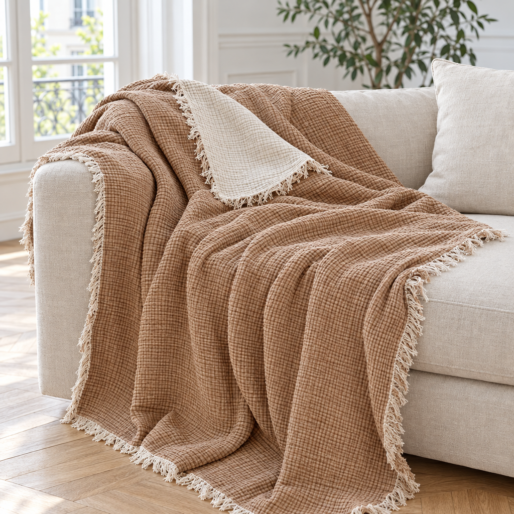 Plaid de canapé en gaze de coton caramel et crème à bords frangés posé sur un canapé en lin beige