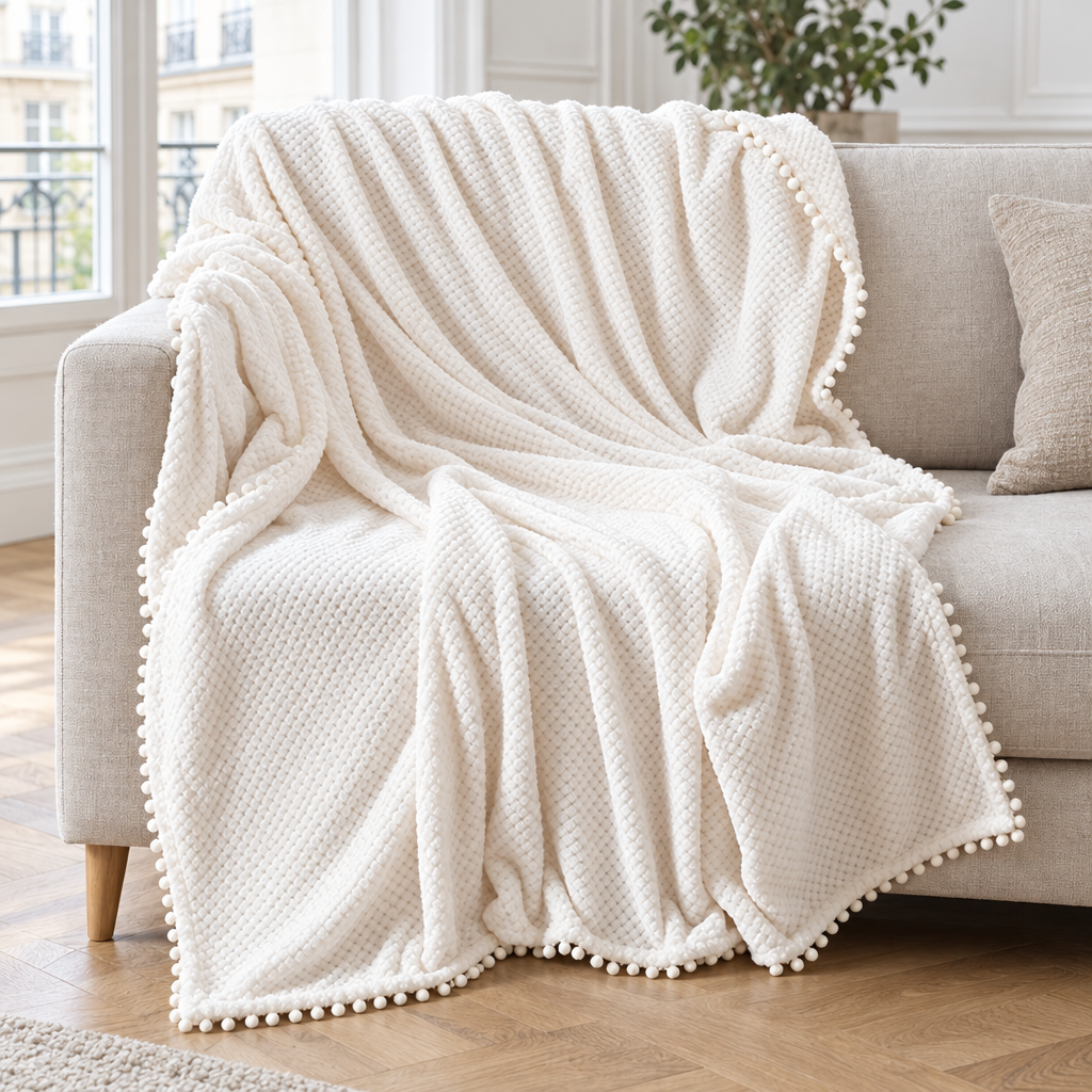 Plaid de canapé en flanelle ivoire à pompons posé sur un canapé en lin beige