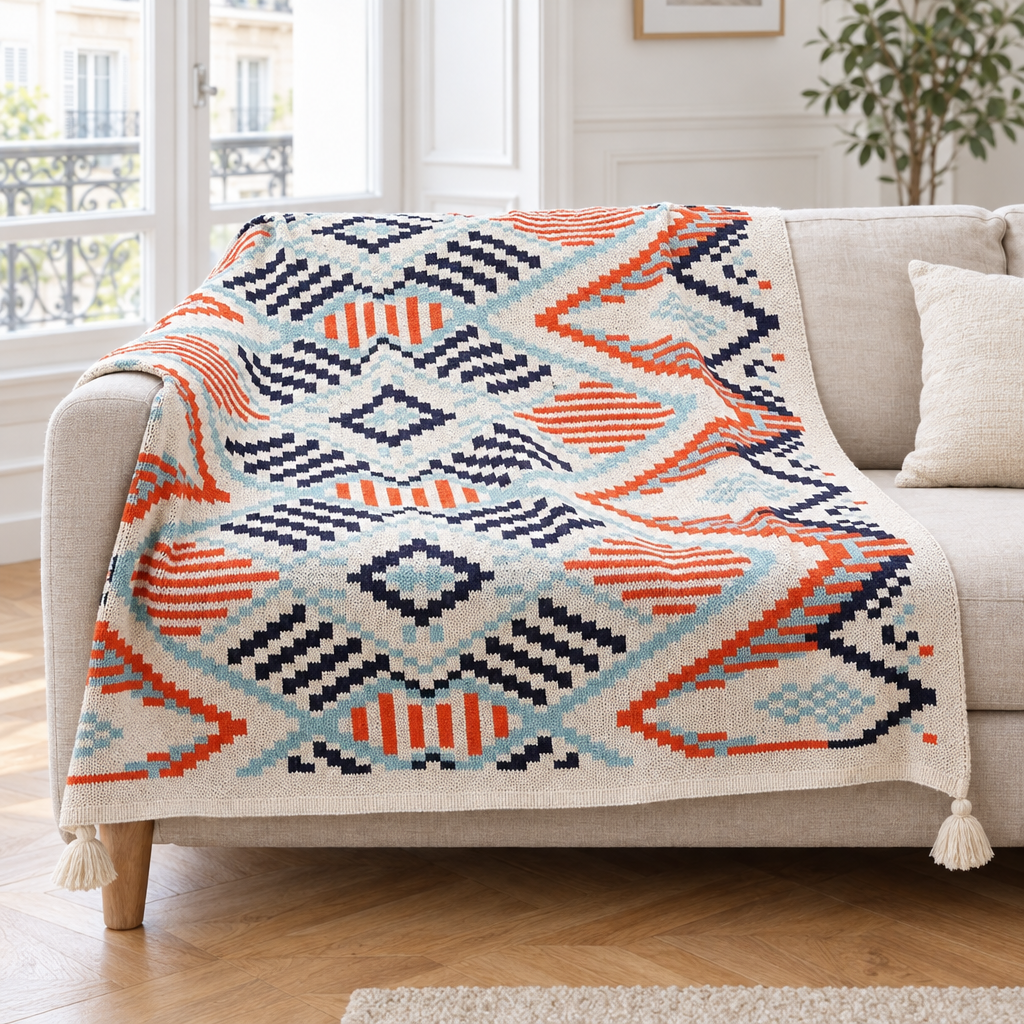 Plaid de canapé à motif géométrique bohème orange, bleu marine et bleu clair posé sur un canapé en lin beige