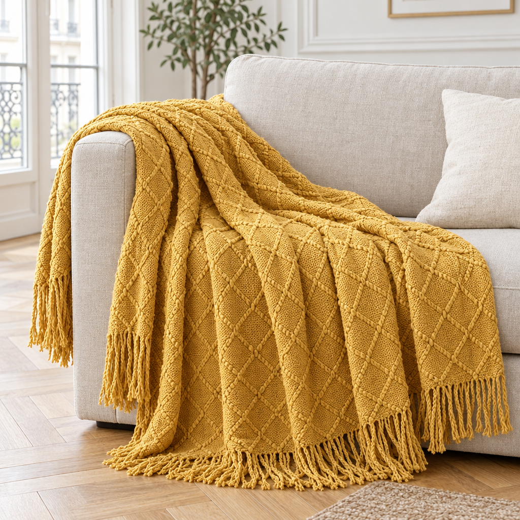 Plaid de canapé en maille jaune moutarde à franges posé sur un canapé en lin beige
