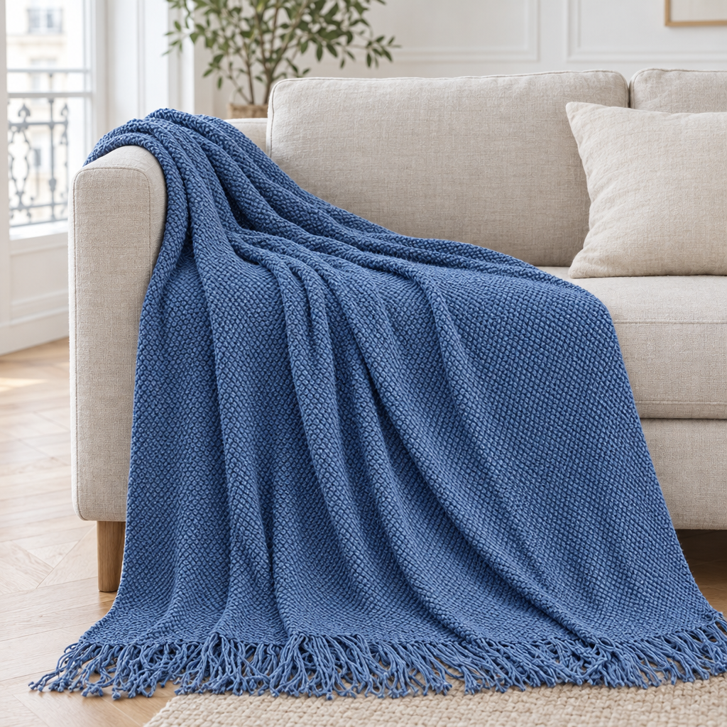 Plaid de canapé léger en maille bleu jean à franges posé sur un canapé en lin beige