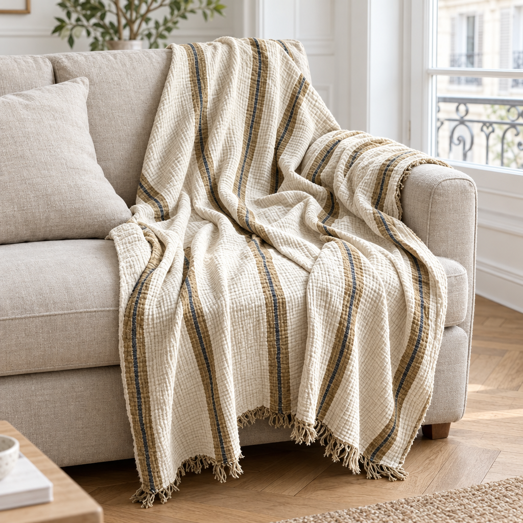 Plaid de canapé en gaze de coton crème à rayures kaki et bleu marine posé sur un canapé en lin beige