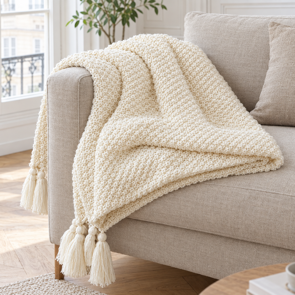 Plaid de canapé en grosse maille crème à pompons posé sur un canapé en lin beige