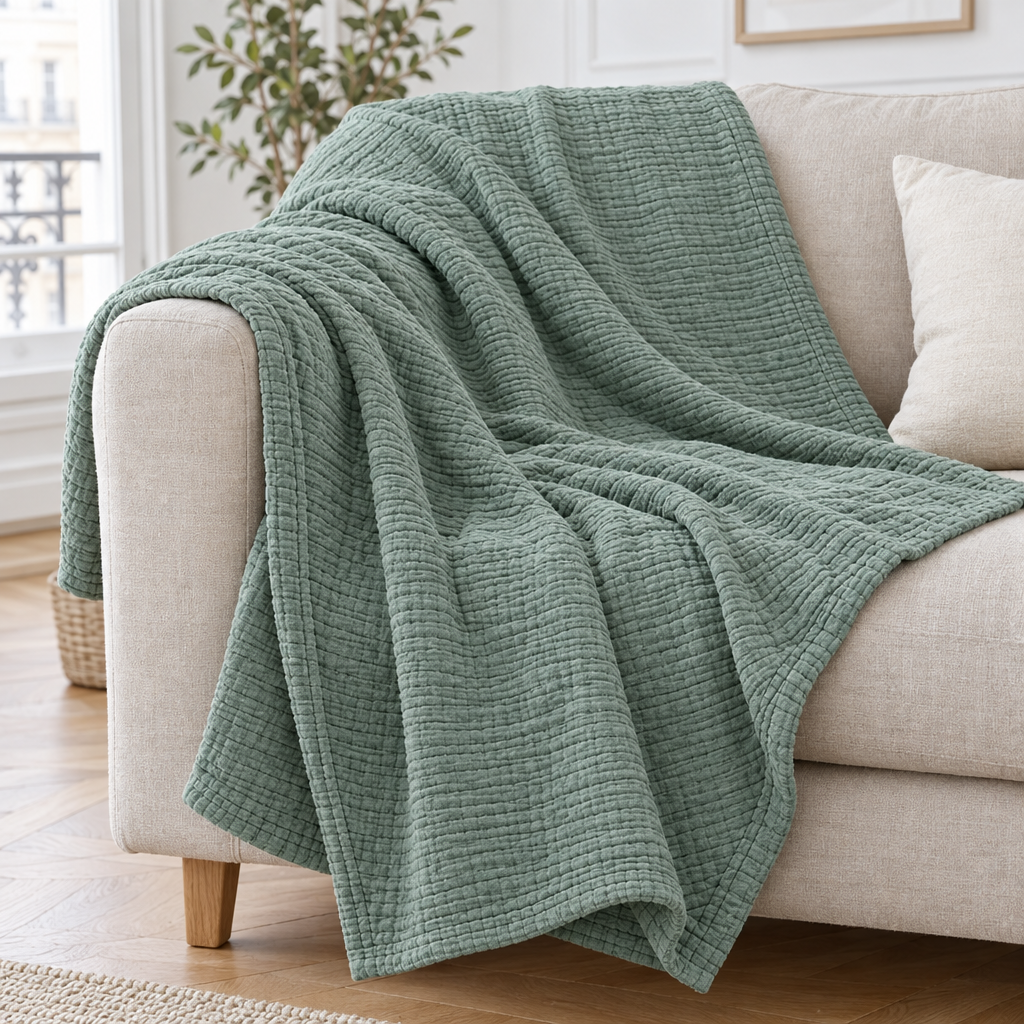 Plaid de canapé en gaze de coton vert sauge posé sur un canapé en lin beige