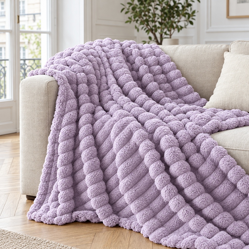 Plaid de canapé en fausse fourrure à côtes bulles lilas posé sur un canapé en lin beige