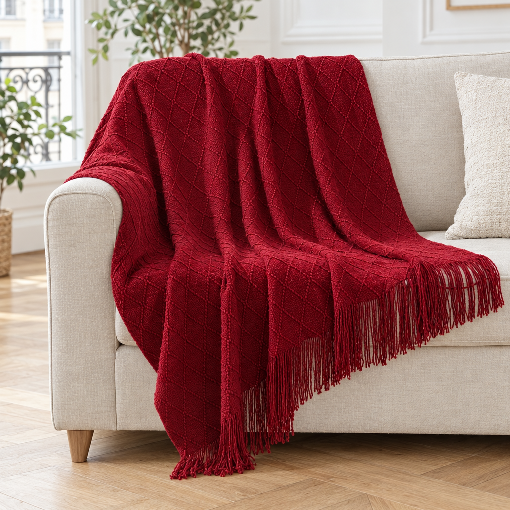 Plaid de canapé chaud en maille à losanges rouge à franges posé sur un canapé en lin beige