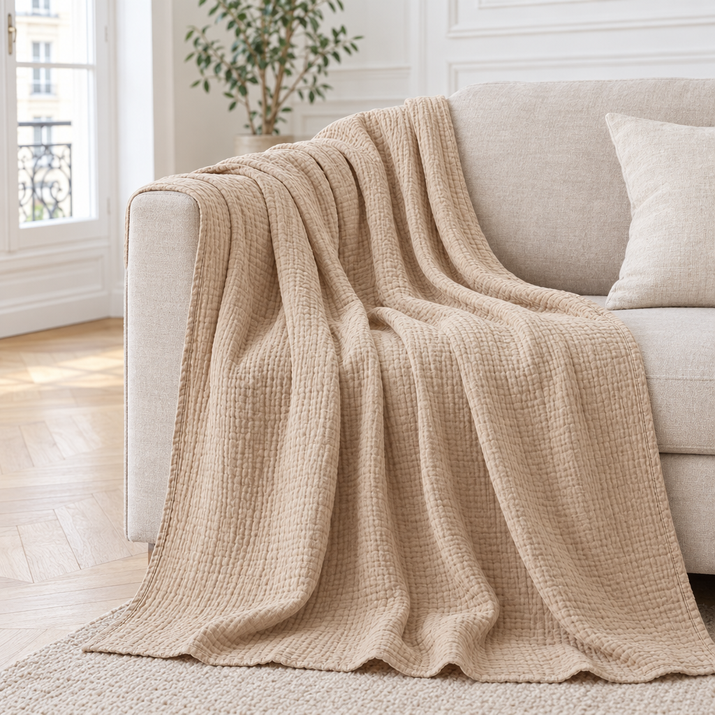 Plaid de canapé en gaze de coton beige sable posé sur un canapé en lin clair