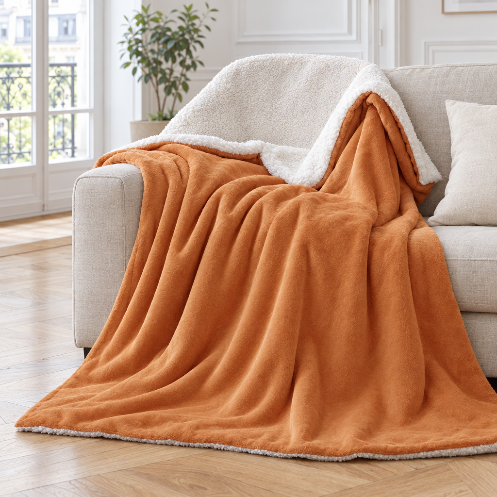 Plaid de canapé en flanelle orange caramel doublé sherpa blanc posé sur un canapé en lin beige