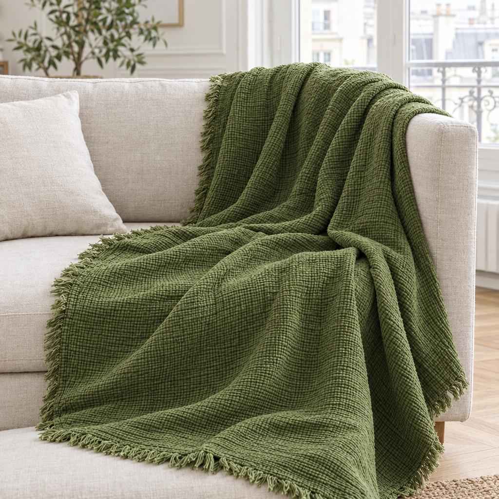 Plaid de canapé en gaze de coton vert olive à bords frangés posé sur un canapé en lin beige