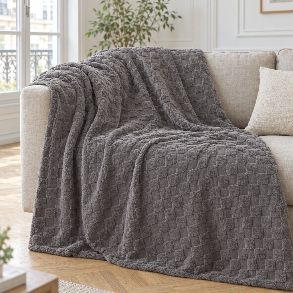 Plaid de canapé en molleton gris à damier en relief posé sur un canapé en lin beige