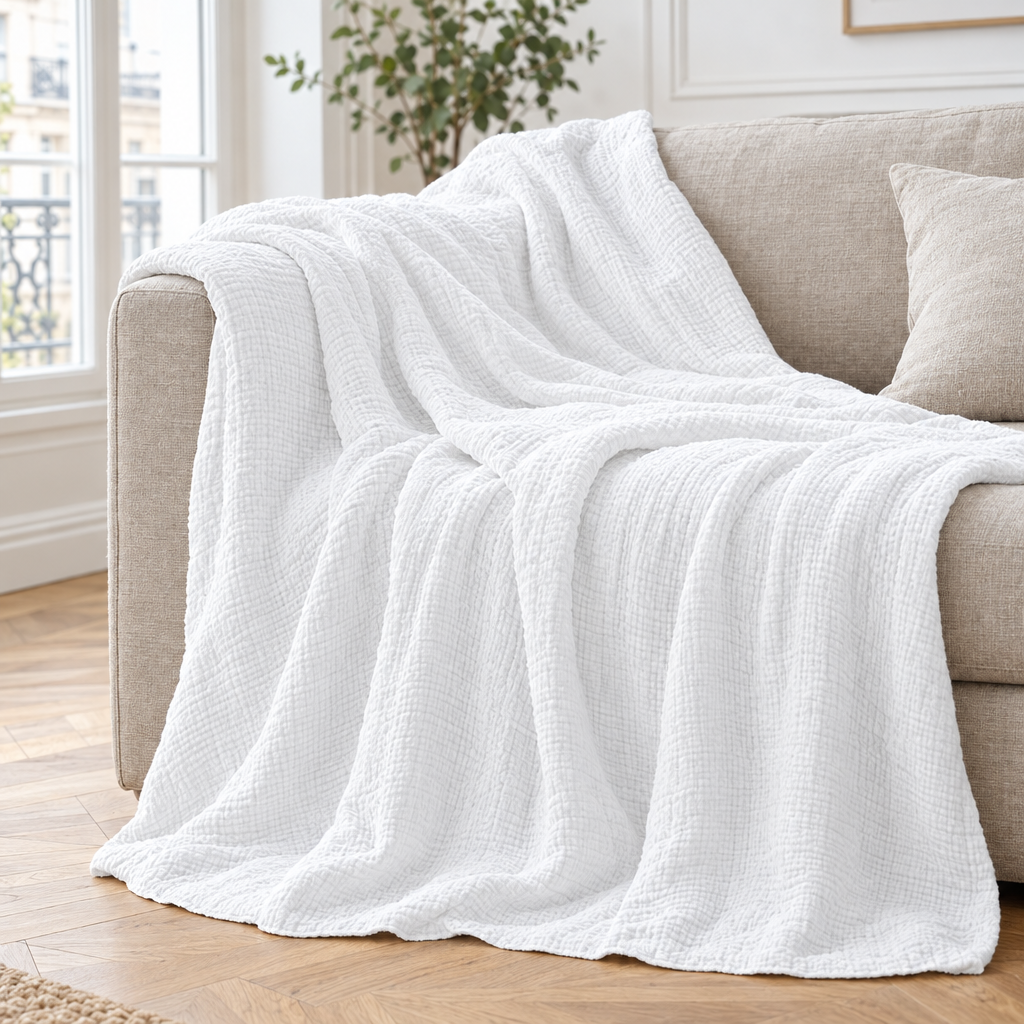 Plaid de canapé en gaze de coton blanc posé sur un canapé en lin beige