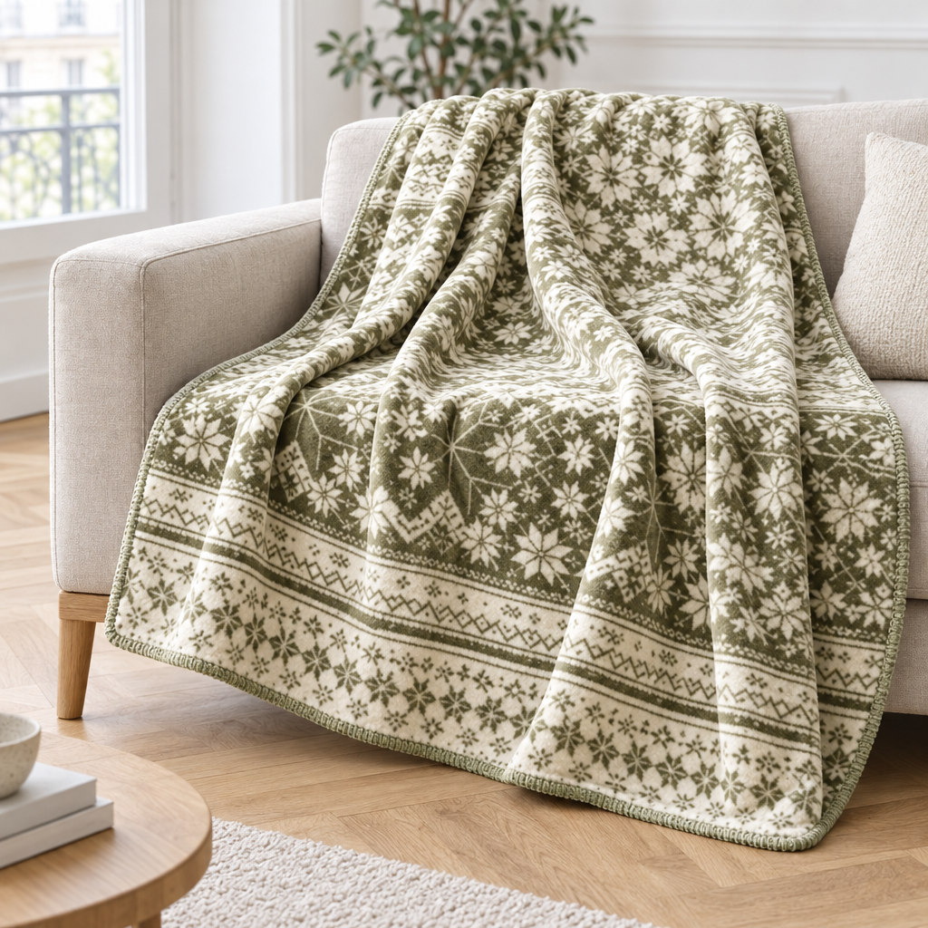 Plaid de canapé en flanelle nordique à flocons vert olive et crème posé sur un canapé en lin beige