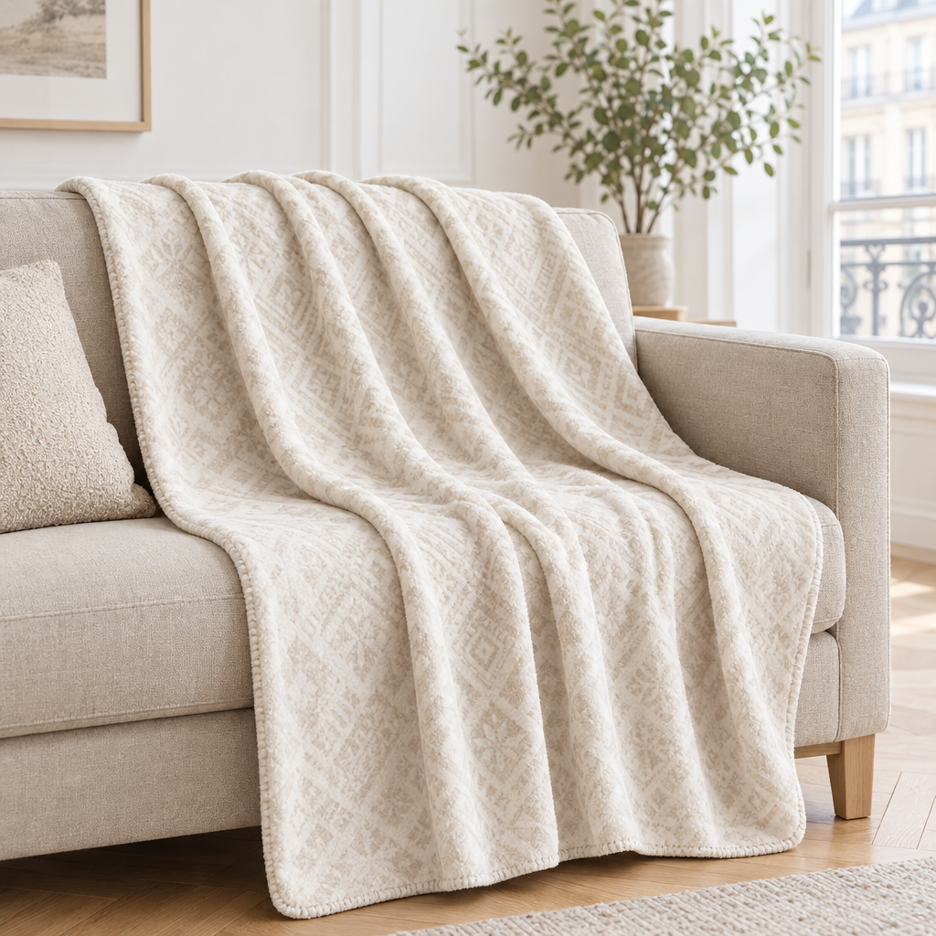 Plaid de canapé en flanelle nordique ivoire à motif jacquard posé sur un canapé en lin beige