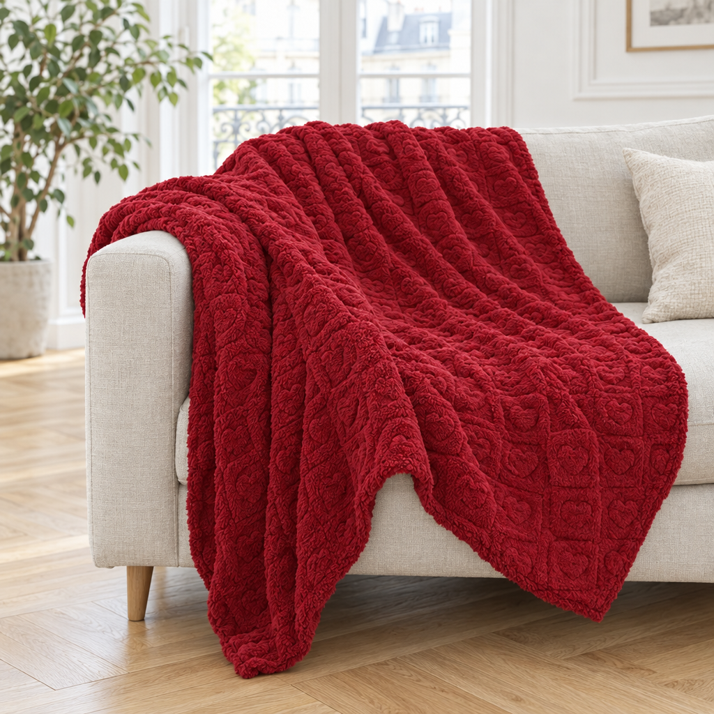 Plaid de canapé en sherpa rouge à relief cœurs posé sur un canapé en lin beige