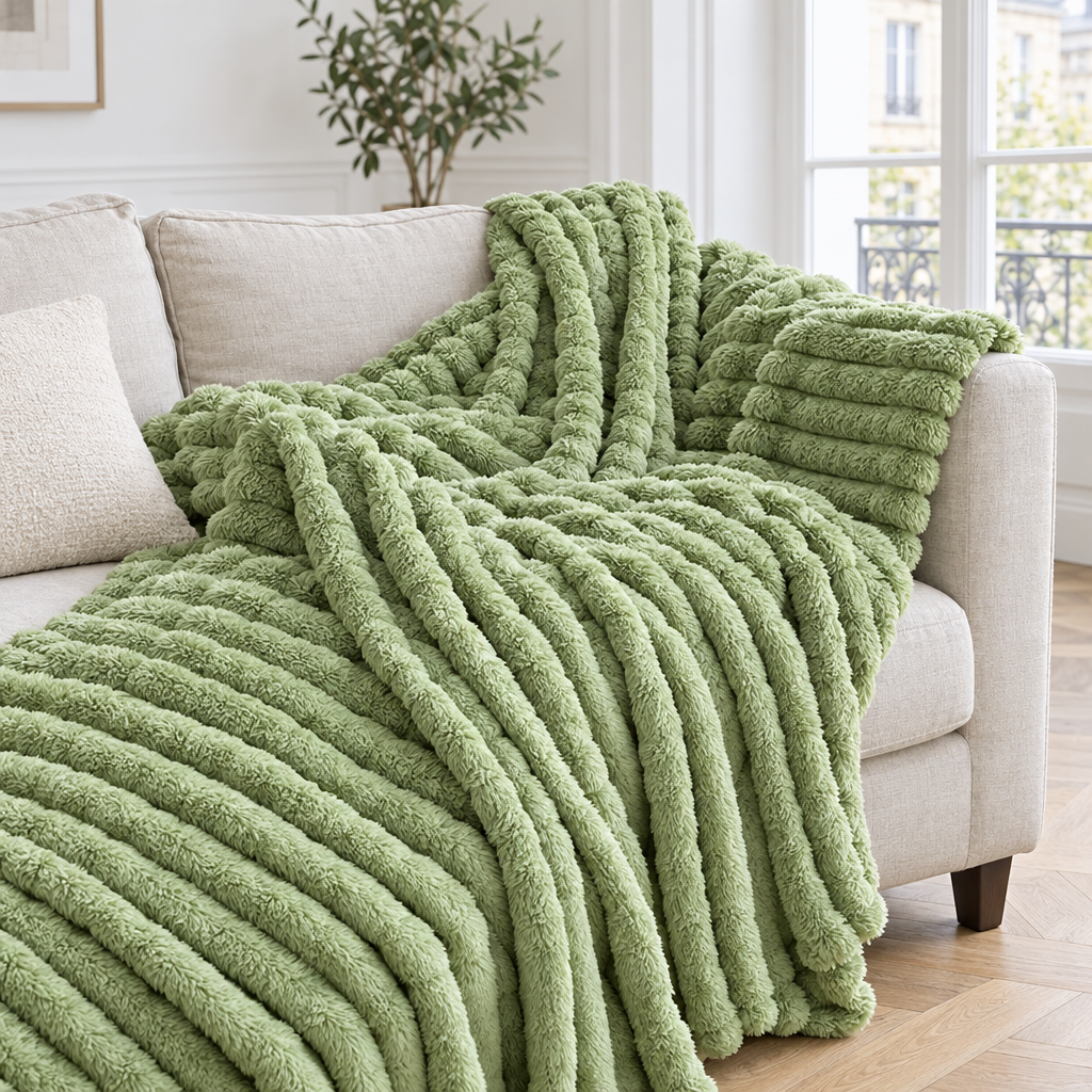 Plaid de canapé en fausse fourrure côtelée vert sauge posé sur un canapé en lin beige