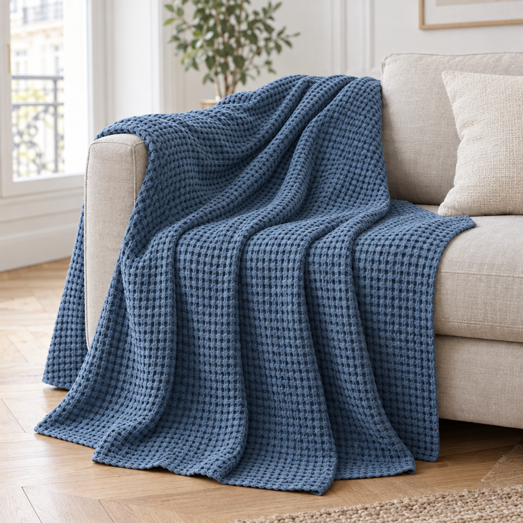 Plaid de canapé en coton nid d'abeille bleu jean posé sur un canapé en lin beige