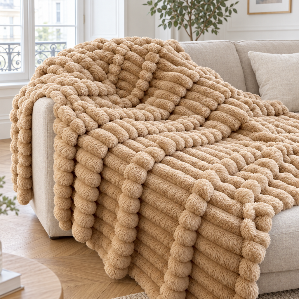 Plaid de canapé en velours fausse fourrure à bulles camel posé sur un canapé en lin beige
