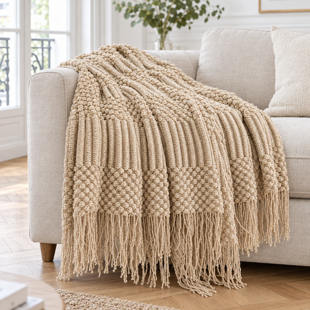 Plaid de canapé en maille texturée beige sable à franges posé sur un canapé en lin clair