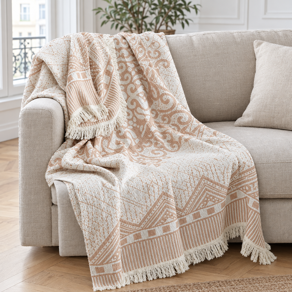 Plaid de canapé en coton jacquard crème et sable à arabesques et franges posé sur un canapé en lin beige