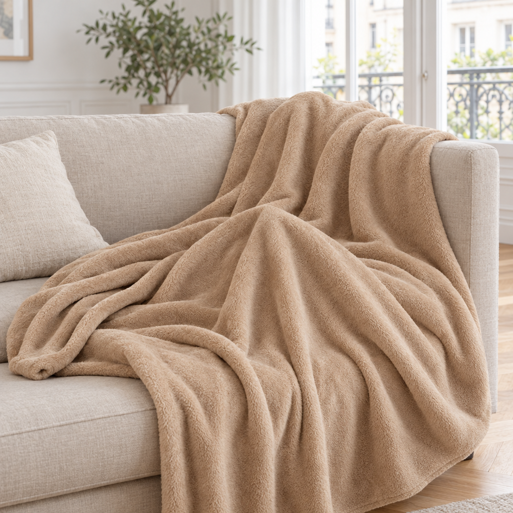 Plaid de canapé en flanelle beige sable posé sur un canapé en lin clair