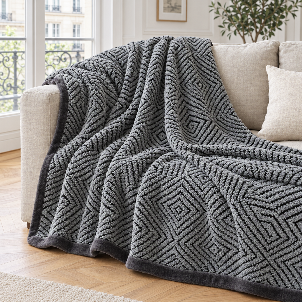 Plaid de canapé en velours gris à losanges géométriques noirs posé sur un canapé en lin beige