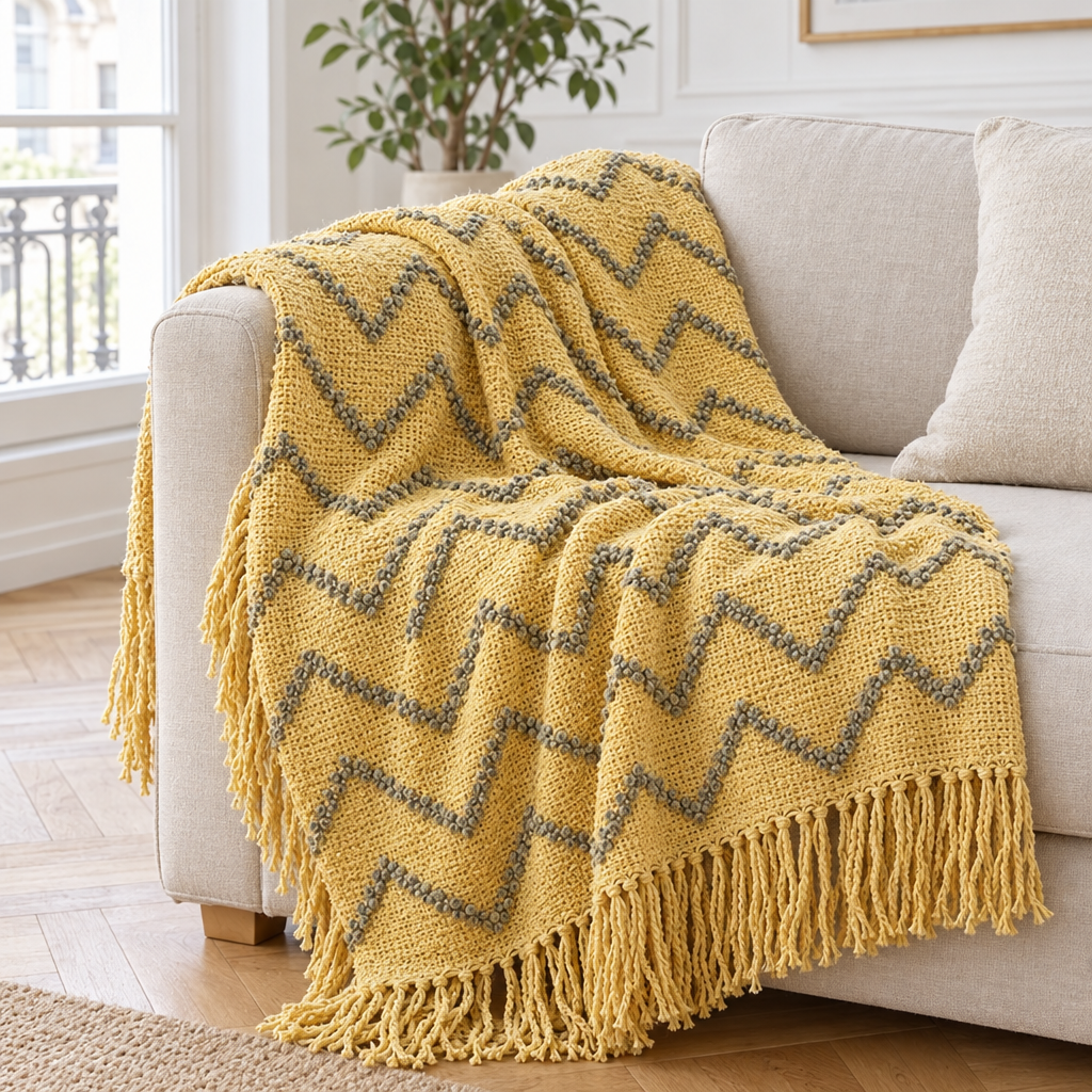 Plaid de canapé en maille jaune moutarde à zigzags gris et franges posé sur un canapé en lin beige