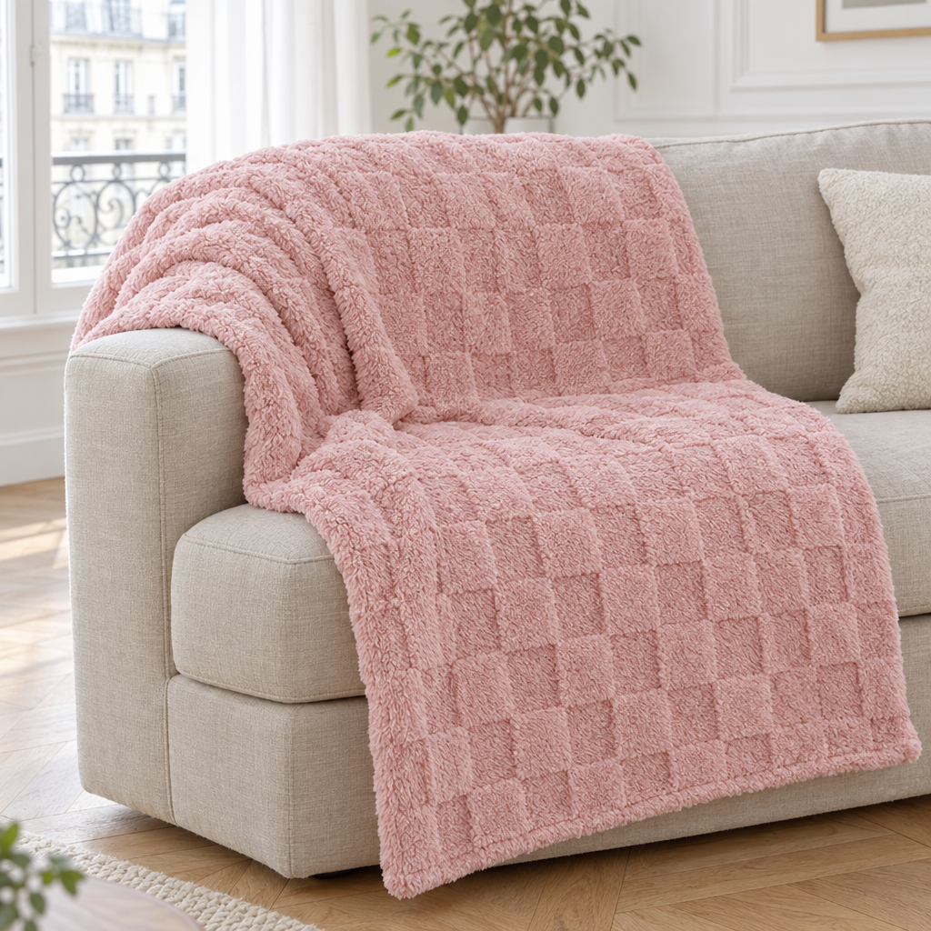 Plaid de canapé en taffetas rose à damier en relief posé sur un canapé en lin beige