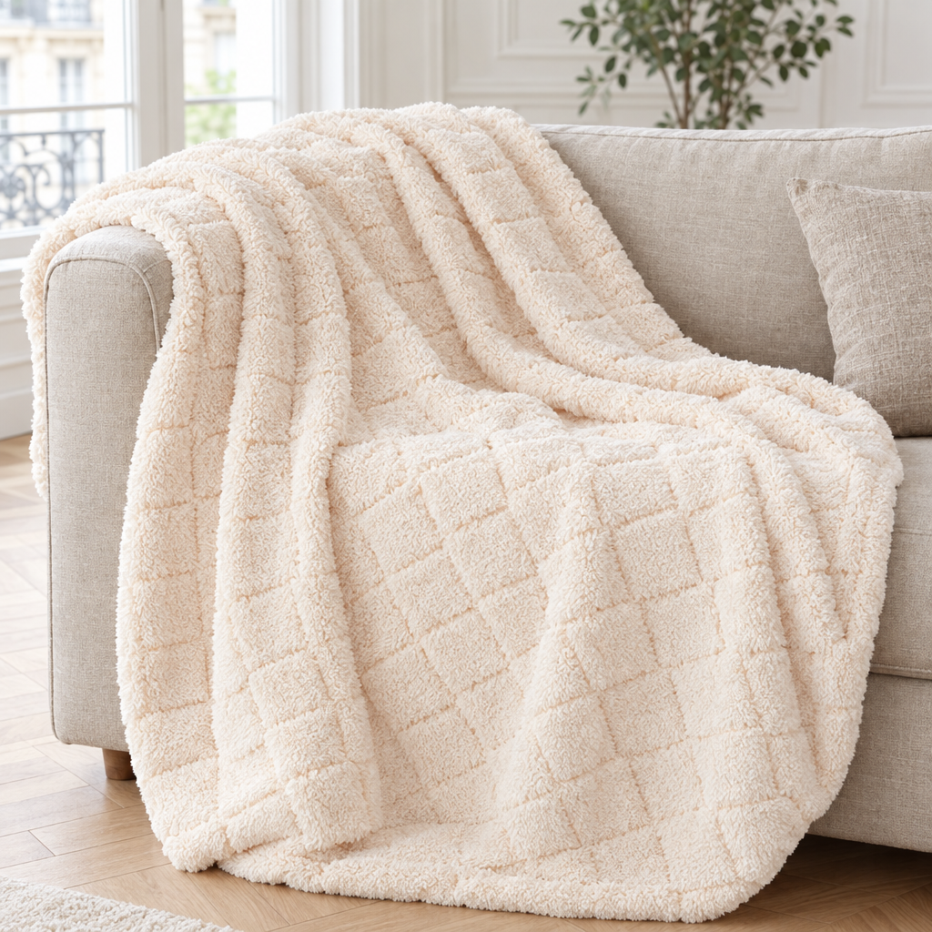 Plaid de canapé à carreaux en relief sherpa ivoire pêche posé sur un canapé en lin beige