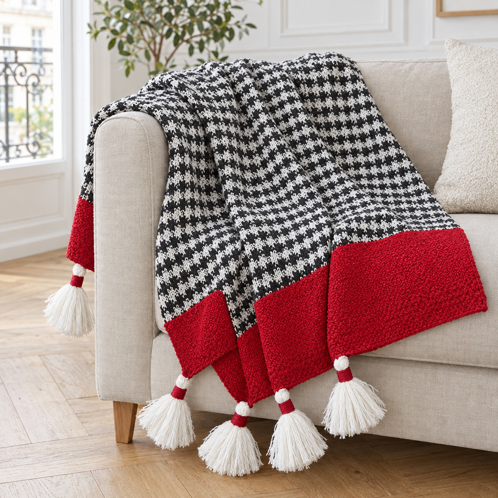 Plaid de canapé tricoté pied-de-poule noir et blanc à bandes rouges et pompons posé sur un canapé en lin beige