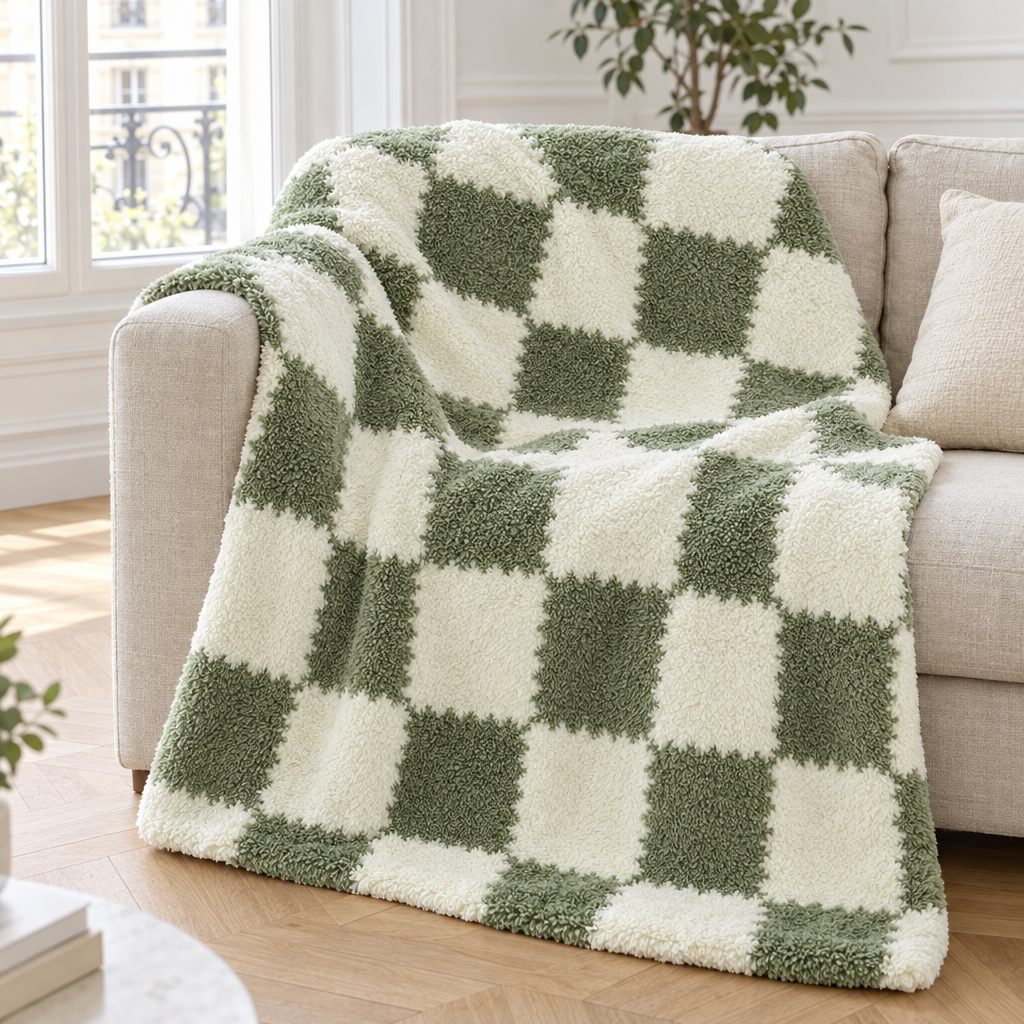 Plaid de canapé en flanelle sherpa à damier vert sauge et crème posé sur un canapé en lin beige