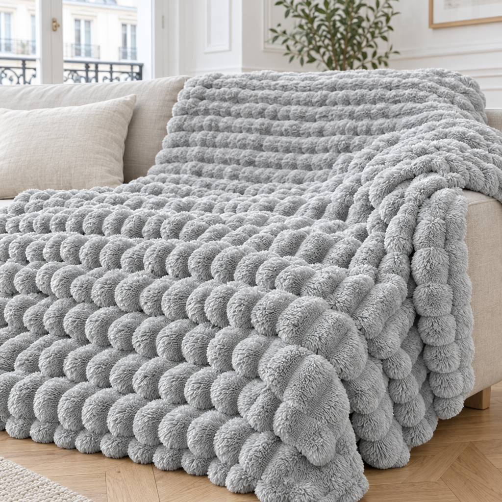 Plaid de canapé en fausse fourrure à bulles gris argent posé sur un canapé en lin beige