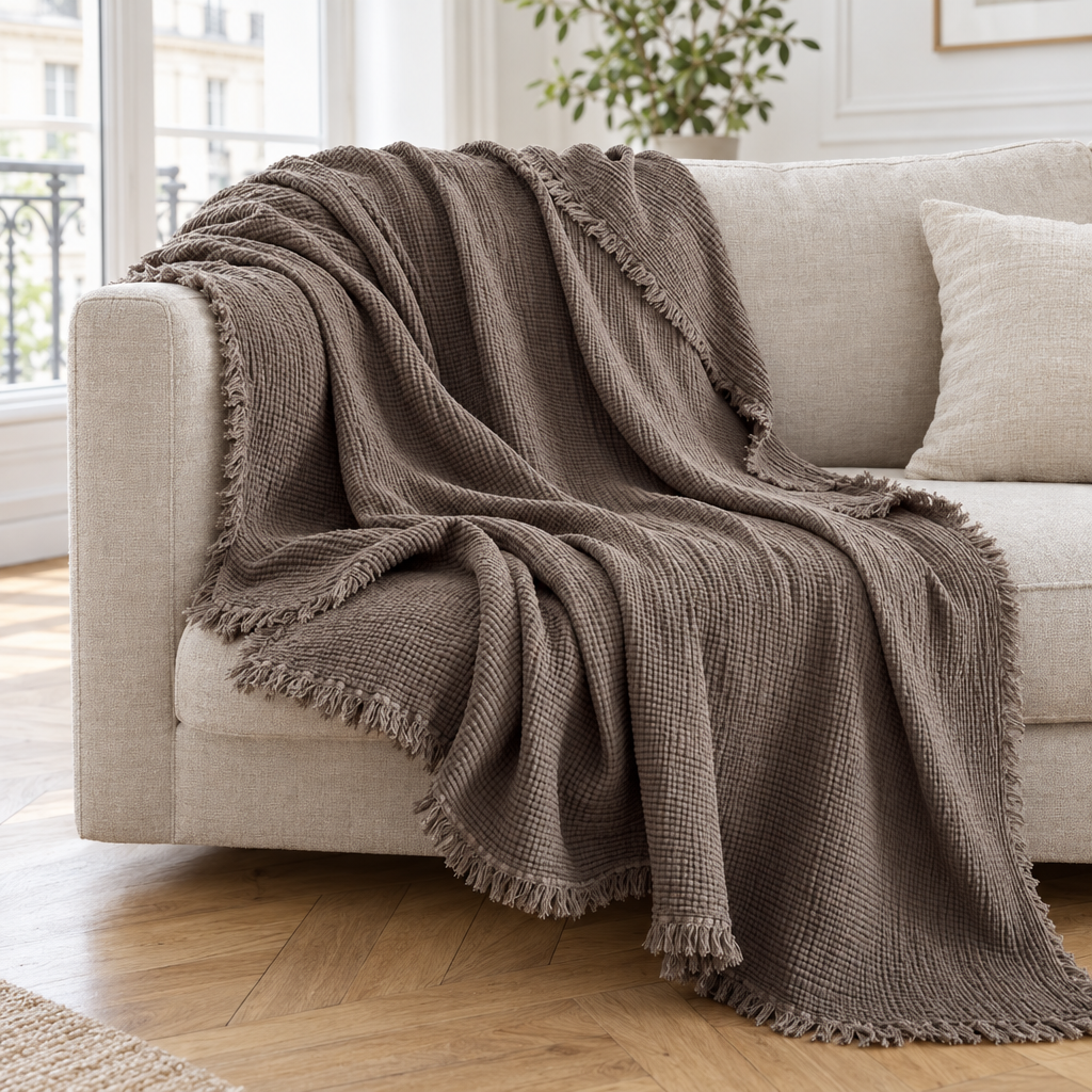 Plaid de canapé en gaze de coton taupe à bords frangés posé sur un canapé en lin beige