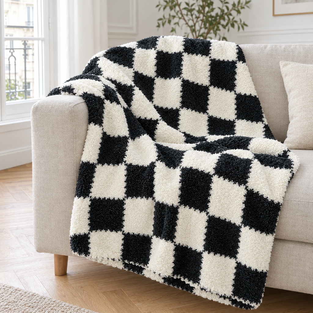Plaid de canapé en flanelle sherpa à damier noir et crème posé sur un canapé en lin beige