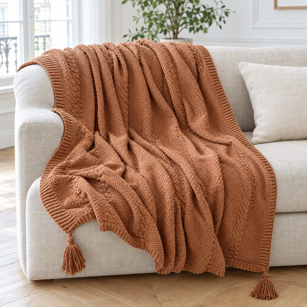Plaid de canapé en maille torsadée terracotta à pompons posé sur un canapé en lin beige