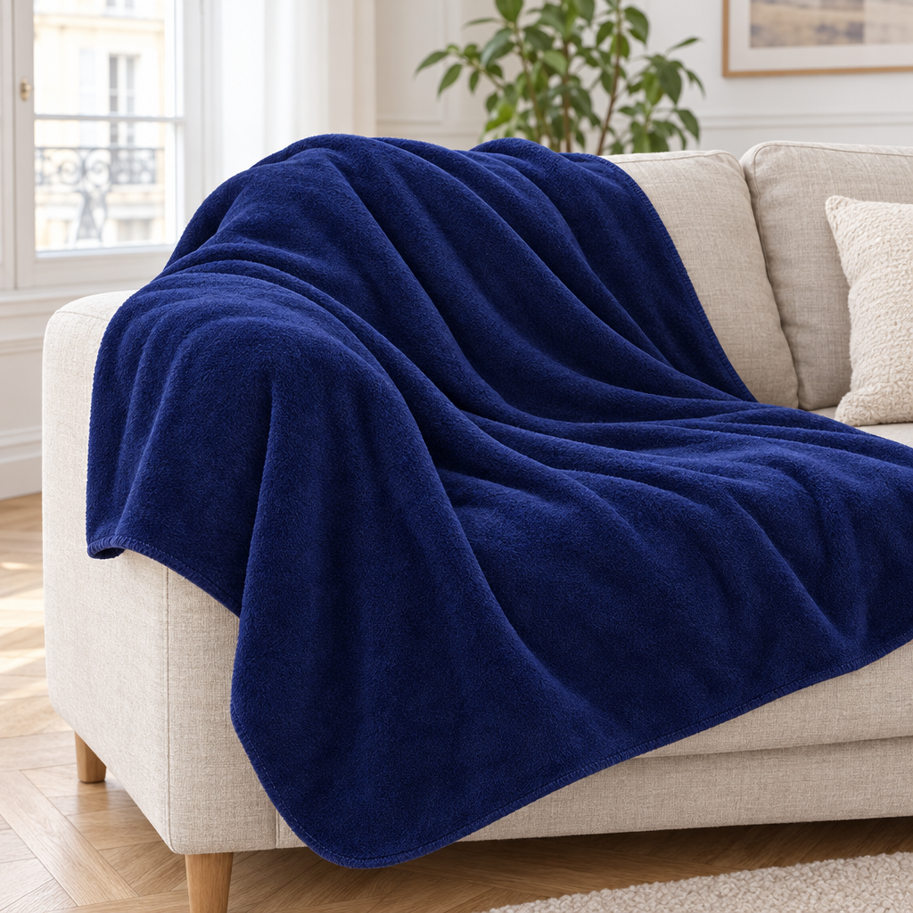 Plaid de canapé en flanelle bleu marine posé sur un canapé en lin beige