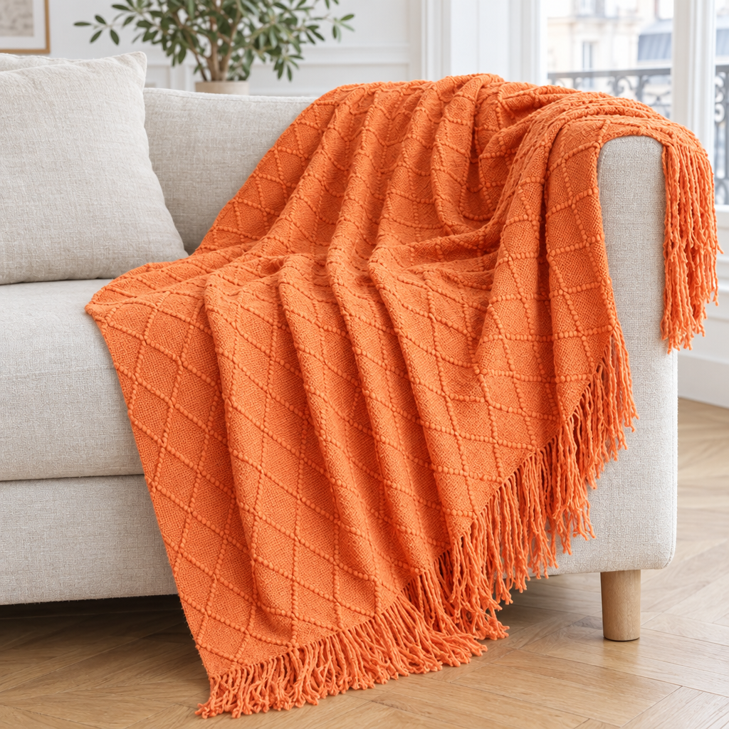 Plaid de canapé à rayures en maille à losanges orange à franges posé sur un canapé en lin beige