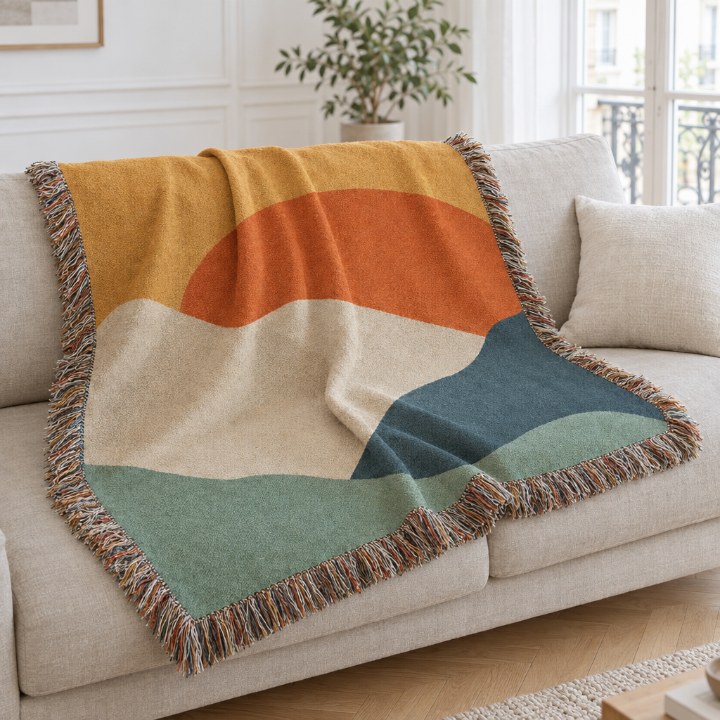 Plaid de canapé tissé à paysage soleil orange, jaune et bleu à franges posé sur un canapé en lin beige