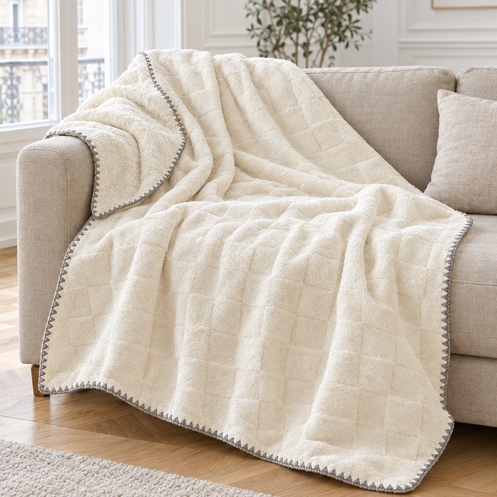 Plaid de canapé en flanelle ivoire à damier en relief et bordure grise posé sur un canapé en lin beige